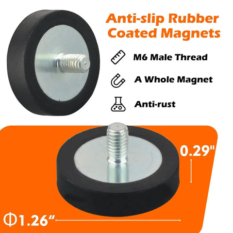 MUTUACTOR rubber-coated neodymium magnets, 4-pack with M6 male-threaded posts; black disk with anti-slip coating