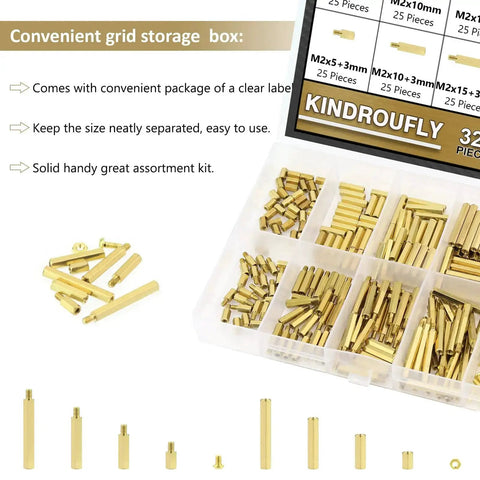 All In One Pro Grade M2 Brass Standoffs Kit 320 Pc Set With Hex Spacers Screws Nuts For PCB Motherboard Builds Includes Male And Female 5 10 15 20 mm Standoffs And 3 mm Lengths in organizer box