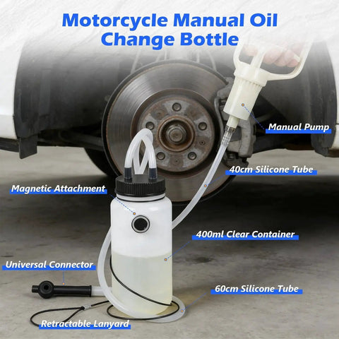 Front view of BELEY motorcycle brake bleeder kit with 1L clear bottle and manual pump.