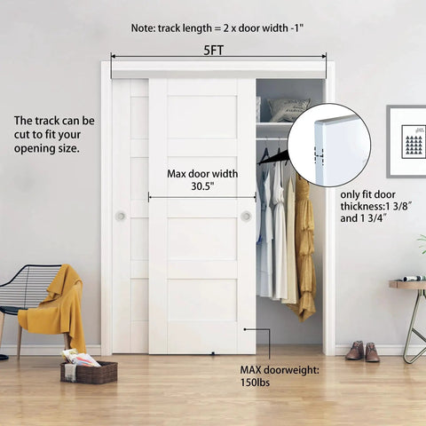 Heavy Duty Aluminum Bypass Sliding Door Hardware Kit For Two Doors With Finger Pulls, Five Foot Track System installed