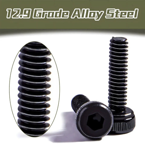 510 Pcs M2 Socket Cap Screws Kit With Nuts, Washers, And Wrench, showing black oxide hex screws, close-up of thread detail, 12.9 grade alloy steel