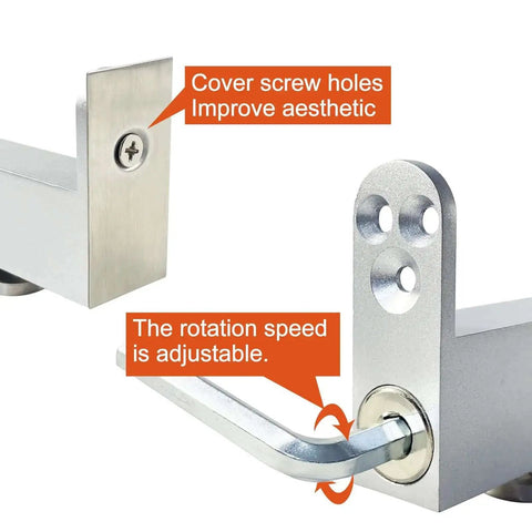 Close-up of hidden door hinges 360 degree pivot system showing adjustable speed mechanism and concealed screw holes for wood doors.