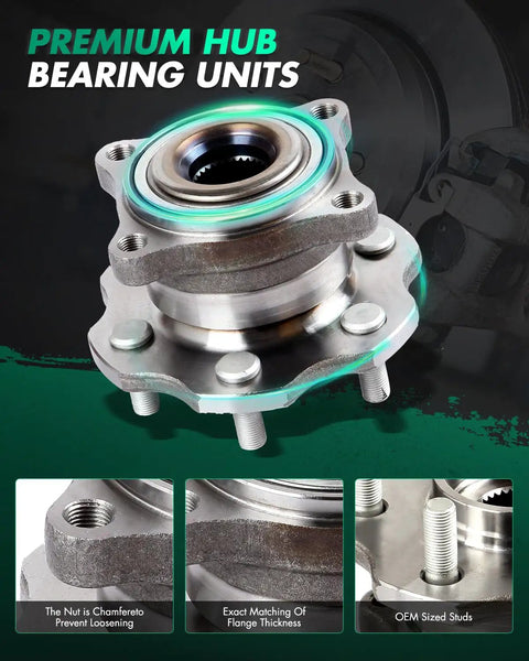 Two Piece Wheel Hub Assembly Kit Fits Nissan Pathfinder Through 2009 Rear Hub Bearing 541003 No ABS Beefed Up Hub And Bearing Set for 2005 2008 Armada And 2005 2012 Pathfinder showing premium hub bearing units.
