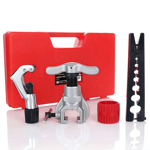 Seven Die Flaring Tool Set For HVAC Tubing Copper Aluminum Brass Flares At Forty Five Degrees with adapters, cutter, and reamer