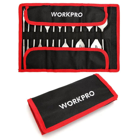 13 Piece Spade Drill Bit Set For Woodworking With SAE Sizes, Quick Change Hex Shank in nylon pouch, WORKPRO logo visible