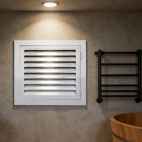Access panel 8x8 inch white aluminum louvered door on wall for plumbing, electrical, HVAC concealment
