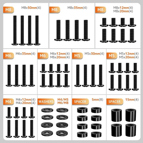 Tv Wall Mount Hardware Kit with M4 M5 M6 M8 bolts, washers, and spacers, VESA ready for 80 inch displays, black components layout.