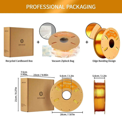 Silk PLA Filament For 3D Printing, 1.75mm With 0.03mm Tolerance, 1kg Spool, Liquid Gold Metallic Finish, packaging components diagram.