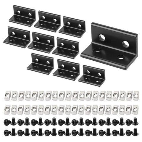 10 Pcs 4 Hole Inside Corner Bracket Kit For 2040 Aluminum Extrusion With 6mm Slot 90 Degree L Bracket Includes 40 M5 T Nuts 40 M5 Screws And 1 Wrench For Quick DIY Frame Building Built To Last, showing black L brackets, screws, nuts, and wrench.