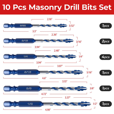 Image showing 10-piece Cross-Tip Carbide Masonry Drill Bit Set with sizes from 5/32 to 1/2 inch, suitable for tile, concrete, brick, wood.