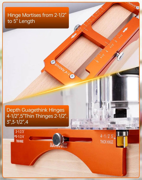 Close-up of Heavy Duty Door Hinge Jig And Lock Installation Kit With Anodized Aluminum Router Template showing hinge mortise measurements.