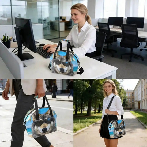 Insulated Lunch Box Tote Cooler Bag With Leakproof Design on office desk, carried by hand, worn on shoulder outdoors with wolf design.