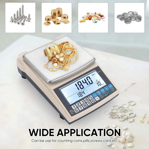Pro Grade 0.01g Lab Scale With 5000g Capacity, Gram Counting Balance, RS232 Port, displaying 184g of gold jewelry