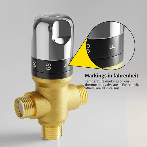 Thermostatic Mixing Valve Half Inch NPT Solid Brass Temperature Control For Shower Kitchen Faucet And Solar Systems With Adjustable Thermostat Red Button For Quick Temperature Boost Over 100F Safe Precise Flow Regulation Durable Plumbing Valve, close-up of markings in Fahrenheit on durable brass body