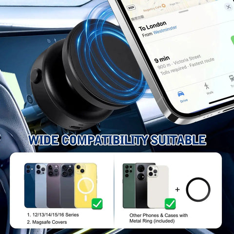 Black 360° rotatable magnetic car phone holder with vacuum suction, holding a smartphone in a car interior