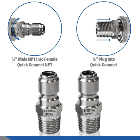 Stainless Steel Three Eighths Inch Plug Male NPT Pressure Washer Quick Connect Fittings Set Of Two For Up To Five Thousand PSI Corrosion Resistant Built To Last Heavy Duty Workhorse Quality