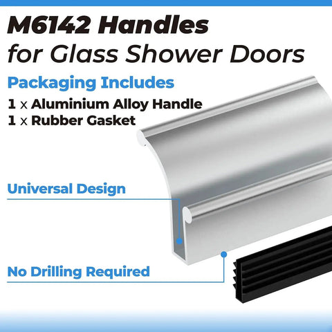 Chrome Glass Sliding Shower Door Pull Handle For 3/16 And 1/4 Inch Thick Glass shown in aluminum with rubber gasket.