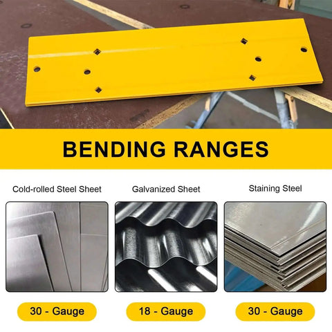 12 Inch Sheet Metal Bending Tool for HVAC Ductwork and Roofing Projects, yellow tool with bending range details for metal sheets