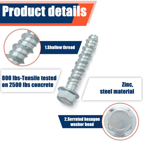 Close-up of 50 Pack Half Inch By Four Inch Concrete Screws Heavy Duty Galvanized Anchors For Masonry Brick Block Decking Framing