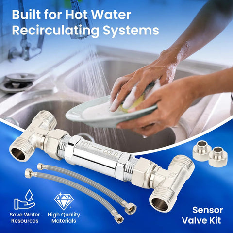 Frutlait 304 stainless sensor valve kit with 2×12 in hoses and bypass valve for hot water recirculating systems