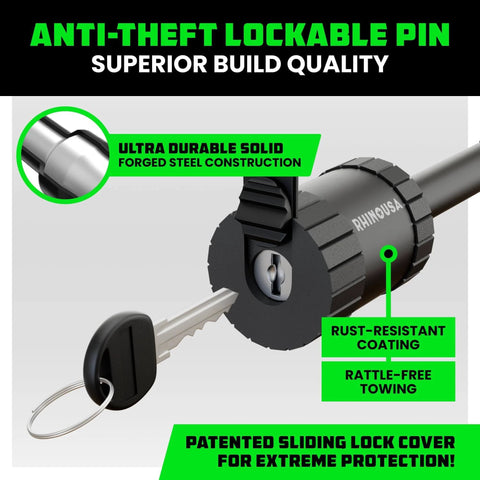 Close-up of 2 Inch Trailer Hitch Pin With Patented Locking Receiver For Class Three And Four Hitches, key in lock, black steel