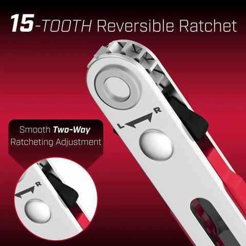 Must Have Compact Magnetic One Quarter Inch Mini Ratchet Wrench With 90 Degree Right Angle Screwdriver showing 15-tooth reversible ratchet