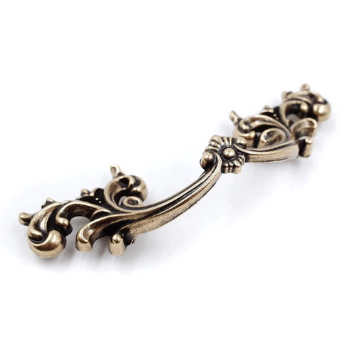 Antique Brass French Provincial Drawer Pulls Six Pack With Two And One Half Inch Hole Centers Four And Half Inch Length One And Quarter Inch Projection And One And Quarter Inch Width Zinc Alloy Shabby Chic Hardware For Dresser Nightstand Cabinet close-up view