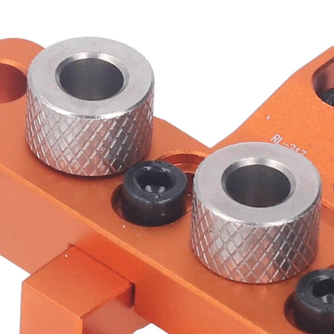 Close-up of 3 In 1 Doweling Jig Kit With Pro Grade Aluminum Alloy Construction Anodized Finish showing drilling locator