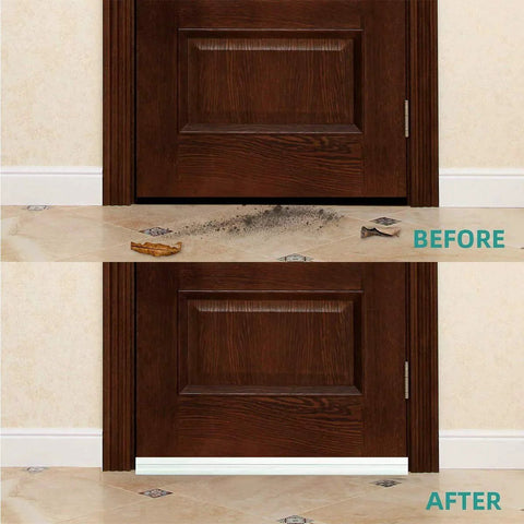 Before and after installation of 2 Inch By 39 Inch Self Adhesive Door Draft Stopper For Exterior And Interior Doors Weather Stripping Seal Door Sweep Noise Reduction Energy Saving Saves You Money Keeps Cold Air Out Fits Gaps Up To 1 Inch White