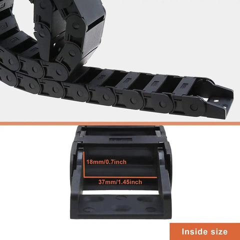 Two Pack Nylon Drag Cable Chains 18x37mm Semi Closed Wire Carriers flexible nesting with dimensions for electrical machines