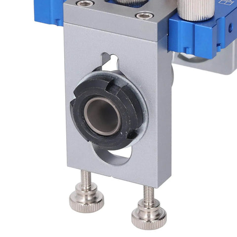 Close-up view of Woodworking Dowel Jig Kit Drill Guide Locator Pro Grade Adjustable Multifunctional Tool with metal and blue parts.