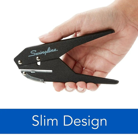 One Hole Paper Punch With 20 Sheet Capacity Low Effort Plier Design shown in hand, black finish, compact slim design.