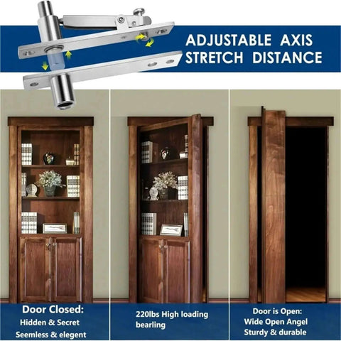 Rock Solid Heavy Duty Pivot Hinge Set For Secret Doors And Hidden Compartments, shown installed on a wooden bookshelf door, open and closed views.