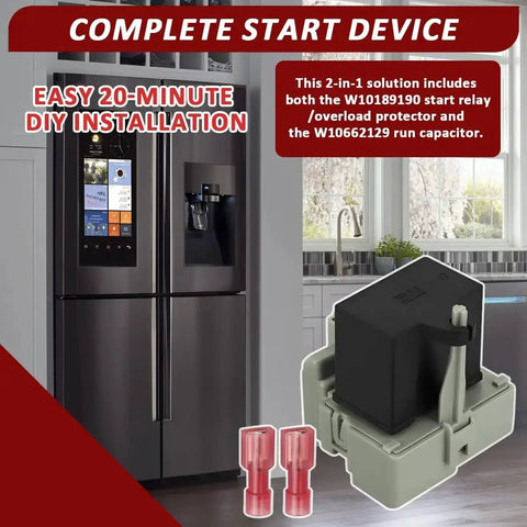 Refrigerator Start Relay And Capacitor Kit For Embraco QD TSD2 with Whirlpool Kenmore models W10189190 W10662129 in kitchen setting