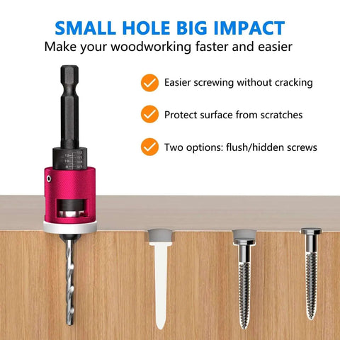 5 Piece Countersink Drill Bit Set With Adjustable Depth Stop And Quick Change Quarter Inch Hex Shank For Woodworking 82 Degree Chamfer Bits In Sizes One Eighth Nine Sixty Fourths Five Thirty Second Eleven Sixty Fourths Three Sixteenths By BURMONG showing red depth stop attachment on wood