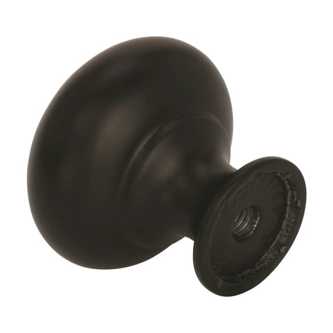 Matte Black Cabinet Knob One And One Quarter Inch Diameter Everyday Heritage Collection side view showing zinc alloy and finish