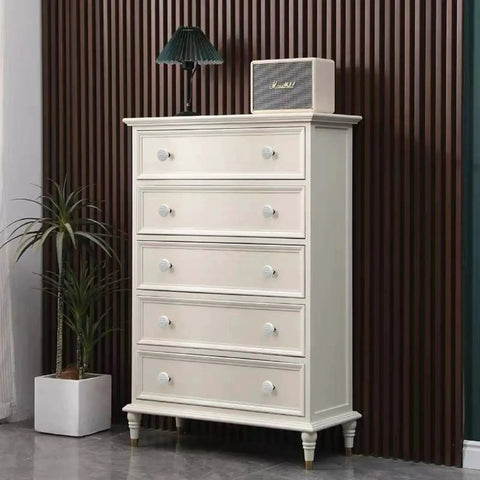 White dresser with 8 Piece Antique Bronze Ceramic Dresser Handles Set For Cabinets And Drawers, vintage white ceramic pulls installed.