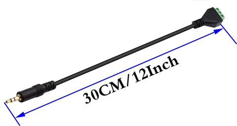 3.5mm Audio Male to 2 Pin Bolt Screw Terminal Female Cable Extender, 30cm Long, showing 12 Inch measurement with black cable