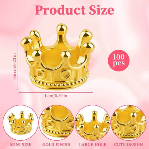 Gold Mini Crown Charms For DIY Jewelry Making 100Pcs Tiny King Crown Beads, showing single crown size and details on pink background.