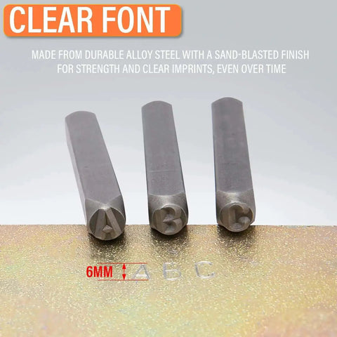 Letter And Number Punch Set One Quarter Inch Steel Stamp Kit showing A, B, C stamps for imprinting metal, 6mm size detail