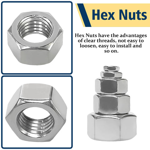 SAE Hex Nuts Assortment Kit 150 Piece Stainless Steel 304 Hardware Nuts Set With Ten Sizes From 4-40 To 1/2-13 close-up view