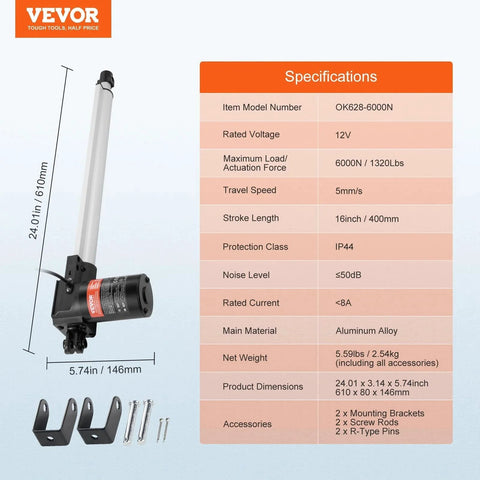 Specifications and image of Heavy Duty 12V 16 Inch Linear Actuator With 1320lbs Load, 0.19 In Per Second Speed, IP44 Protection