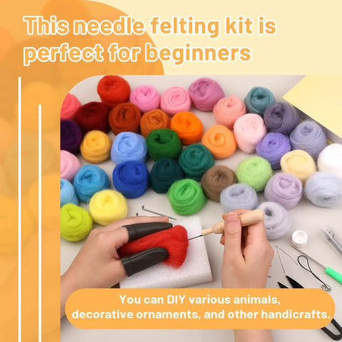 Beginner Friendly 45 Colors Needle Felting Kit With Tools Needles Eyes Scissors Storage Bag And Box displayed with hands crafting.