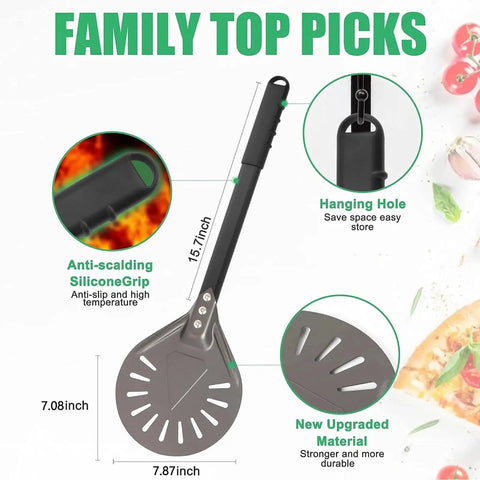 Perforated 7 Inch Pizza Peel With Metal Handle Round Aluminum Turning Paddle for Home Oven with anti-scalding silicone grip