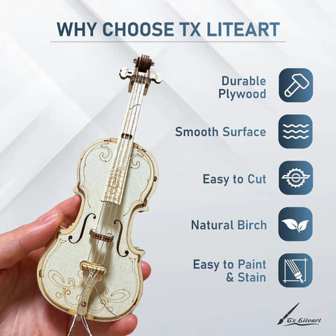 Hand holding wooden miniature violin with text highlighting features of TX Liteart durable plywood for crafting.