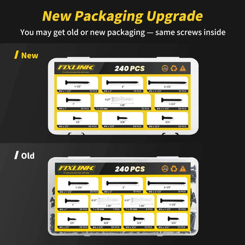 Comparison of new and old packaging for Wood Screws Assortment Kit with 240 Heavy Duty Flat Head Wood Screws And Phillips Drive.