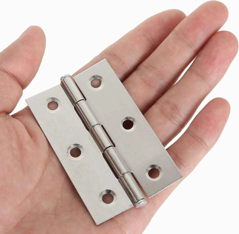 Stainless steel 3-inch door/window hinge with six screw holes and pivot pin.