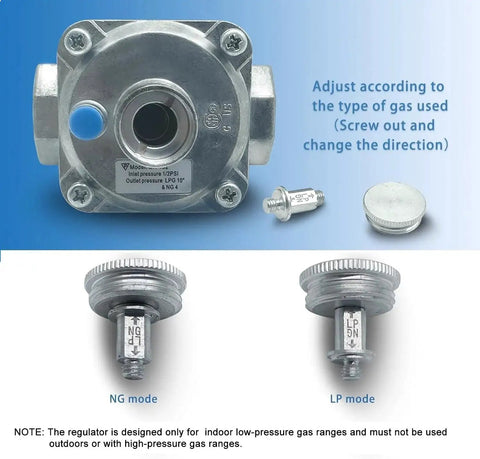 Dual Fuel Gas Regulator For Natural Gas And LPG Convertible, 1/2 Inch NPT Inlet shown with adapter options