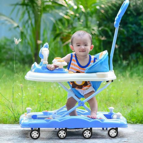 Baby sitting in a blue and white walker with 4Pcs Baby Walker Wheels Replacement Set, Universal Removable Plastic Casters For Strollers.
