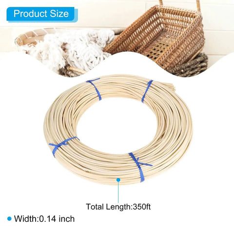 Round Reed Spline 350 Ft Roll 0.14 Inch for DIY Furniture and Basket Weaving, wooden color coiled reel in front of woven baskets.